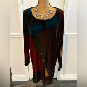 Chico's Velvet Wearable Art Watercolor Teal & Rust Tunic Blouse Pullover XL 3